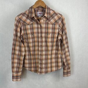 Roper Fitted Plaid Western Shirt Womens Sz Small Snap Button Front Brown Metalli